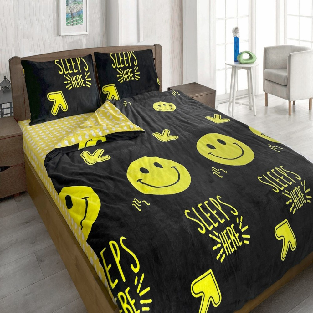Утеплена постільна білизна Зима-Літо двоспальна Смайлики Мікрофібра + Бязь, фото 1