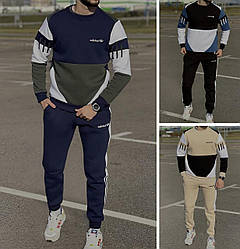 Спортивний костюм чоловічий Adidas стильний теплий тринитка на флісі, синій, чорний, бежевий, р. S, M, L, XL