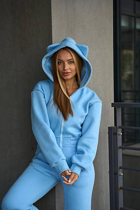 Жіночий комбінезон з вушками для зими, флісовий, капюшон, без шнурка, блакитний XS, фото 4