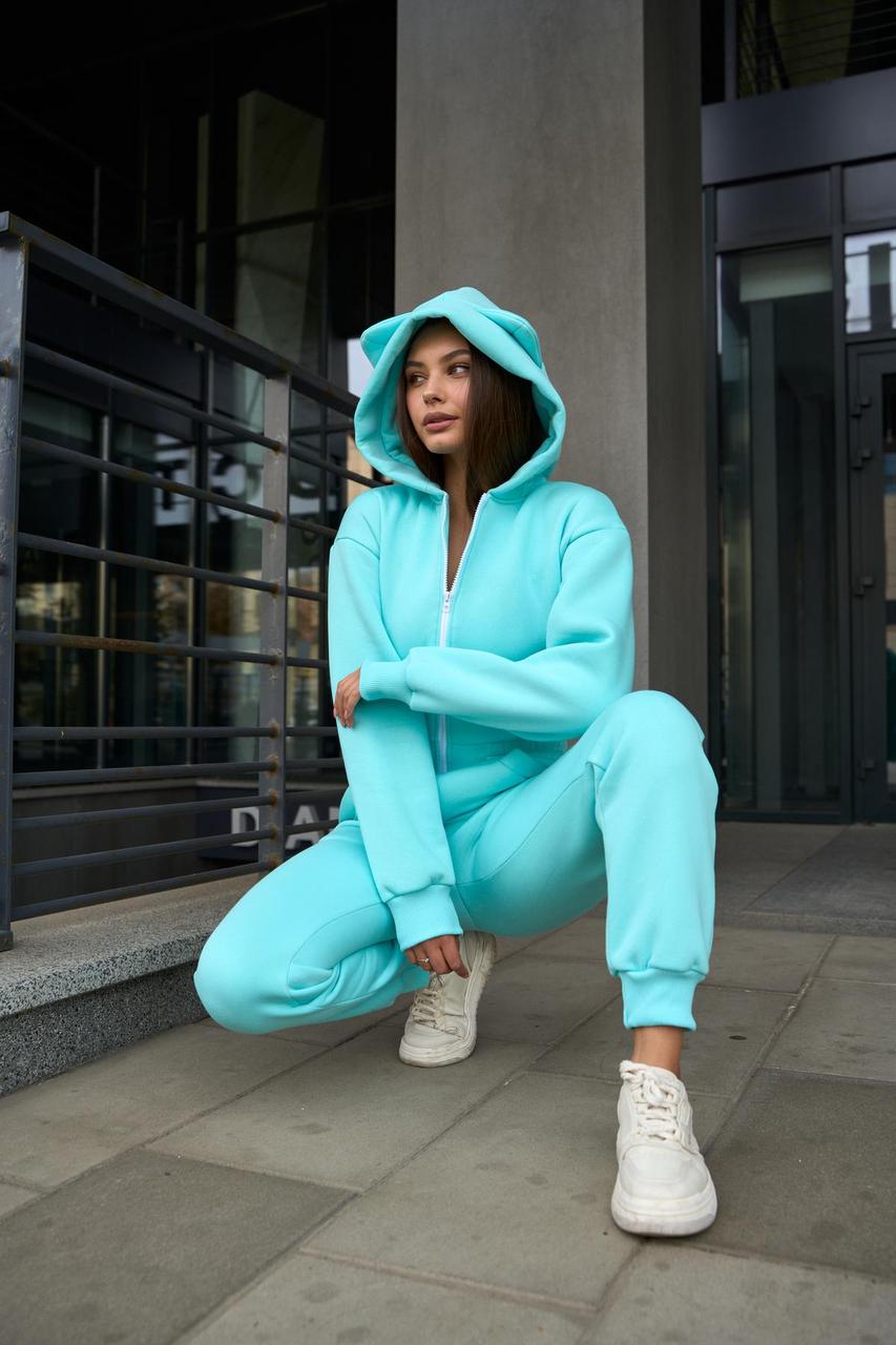 Теплый женский комбинезон с ушками и капюшоном на зиму, прямой крой, бирюзовый XS