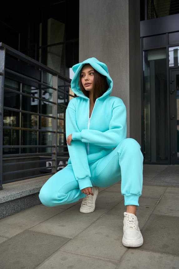 Теплый женский комбинезон с ушками и капюшоном на зиму, прямой крой, бирюзовый XS, фото 1