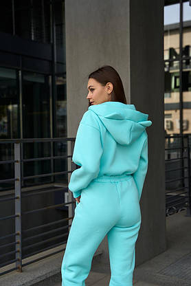 Теплый женский комбинезон с ушками и капюшоном на зиму, прямой крой, бирюзовый XS, фото 2