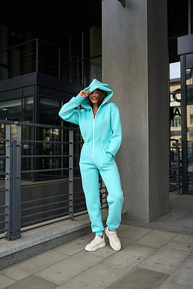 Теплый женский комбинезон с ушками и капюшоном на зиму, прямой крой, бирюзовый XS, фото 3