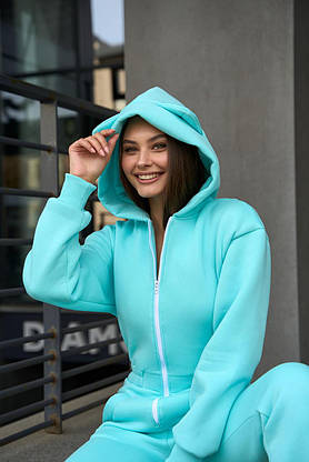 Теплый женский комбинезон с ушками и капюшоном на зиму, прямой крой, бирюзовый XS, фото 5