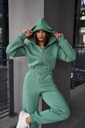 Комбінезон жіночий зимовий з капюшоном і вушками, флісовий, зручний крій, оливковий, фото 2