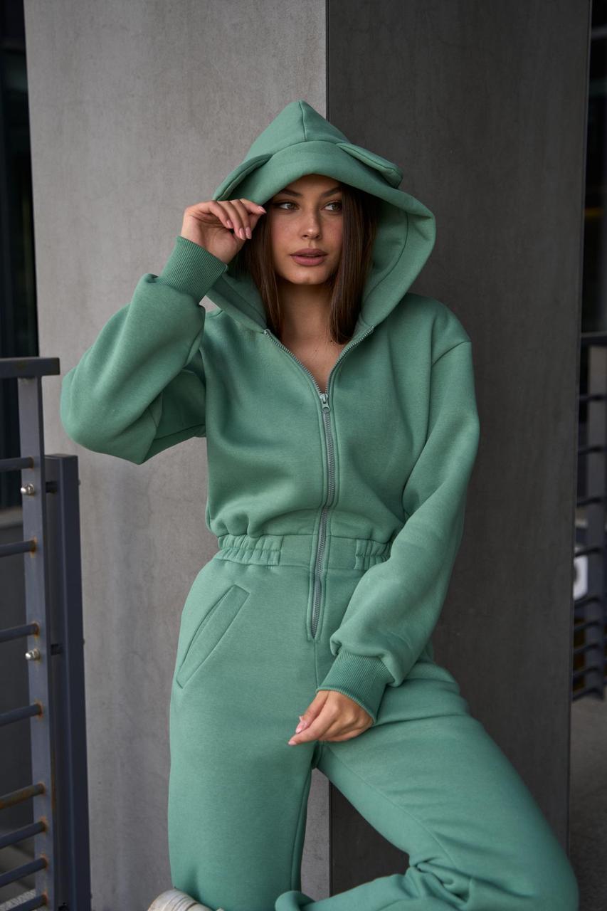 Комбінезон жіночий зимовий з капюшоном і вушками, флісовий, зручний крій, оливковий