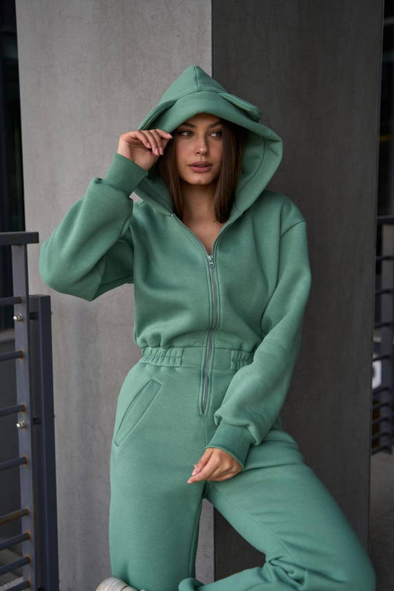 Комбінезон жіночий зимовий з капюшоном і вушками, флісовий, зручний крій, оливковий, фото 1