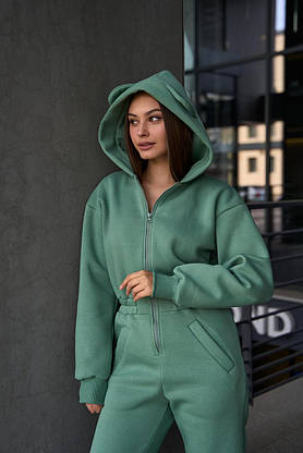 Комбінезон жіночий зимовий з капюшоном і вушками, флісовий, зручний крій, оливковий, фото 3