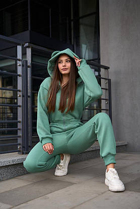 Комбінезон жіночий зимовий з капюшоном і вушками, флісовий, зручний крій, оливковий, фото 5