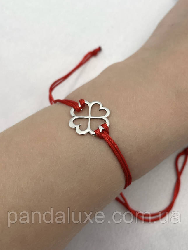 Браслет жіночий з червоною ниткою та срібною вставкою Конюшина, фото 1