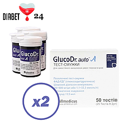 Тест-смужки GlucoDr auto 100 шт. у 2 флаконах по 50 шт. в пакованні