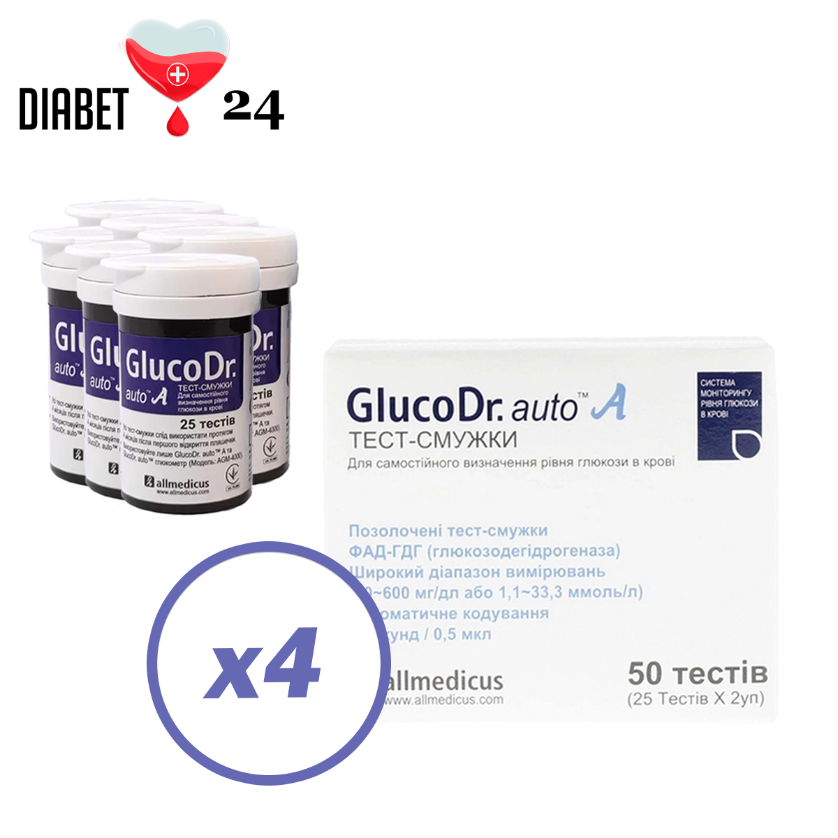 Тест-смужки GlucoDr auto 200 шт. у 4 флаконах по 50 шт. в пакованні
