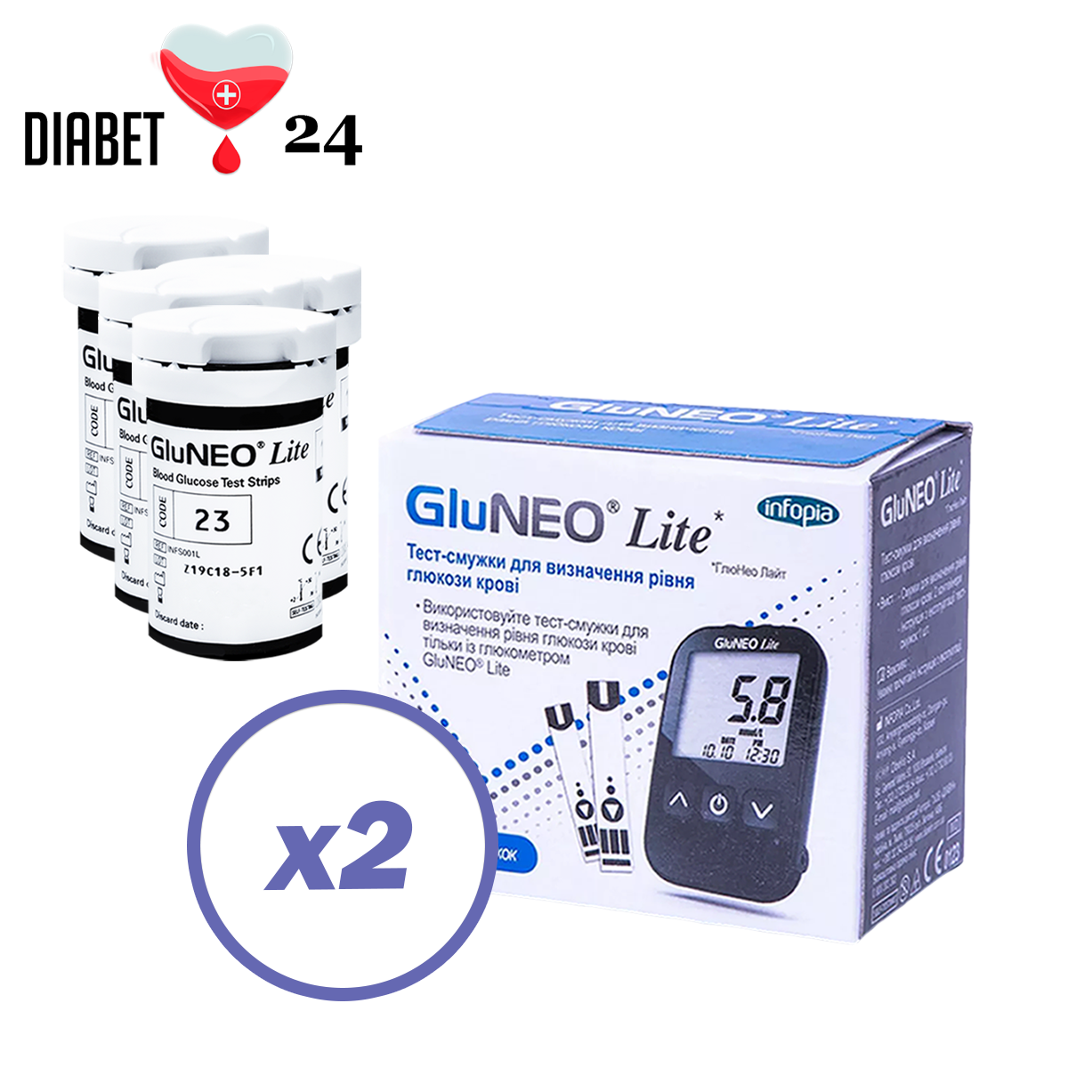 Тест-смужки GluNeo Lite 100 шт. у 2 флаконах по 50 шт. у пакованні