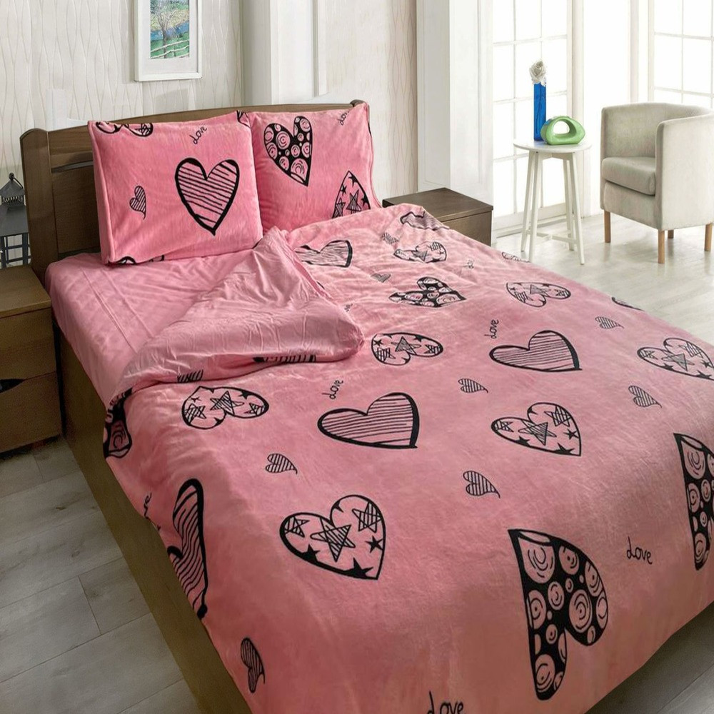 Утеплена постільна білизна Зима-Літо полуторна Серця на рожевому Мікрофібра + Бязь, фото 1