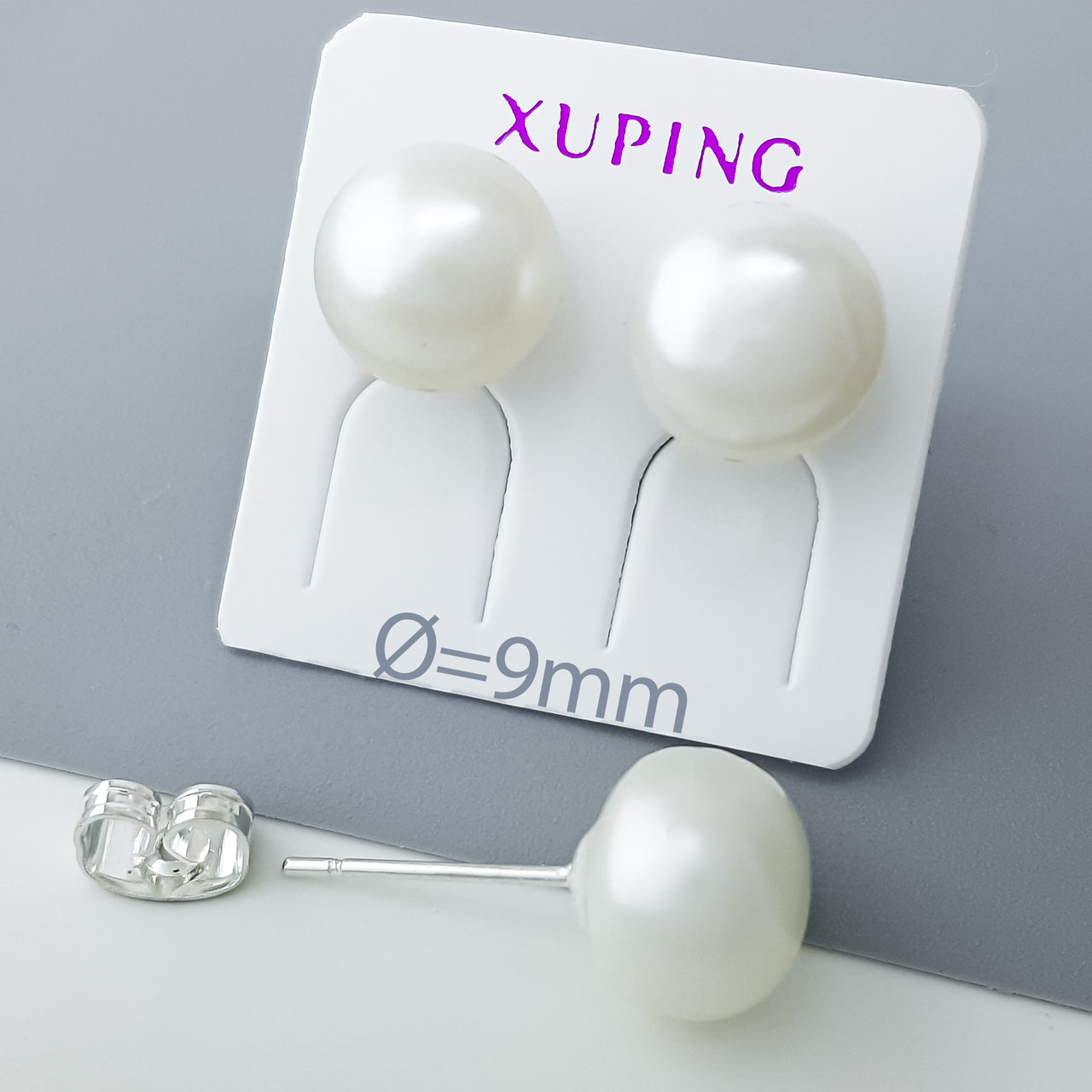 Сережки цвяшки Натуральні Білі Перлини 9мм, медзолото Xuping, фото 1