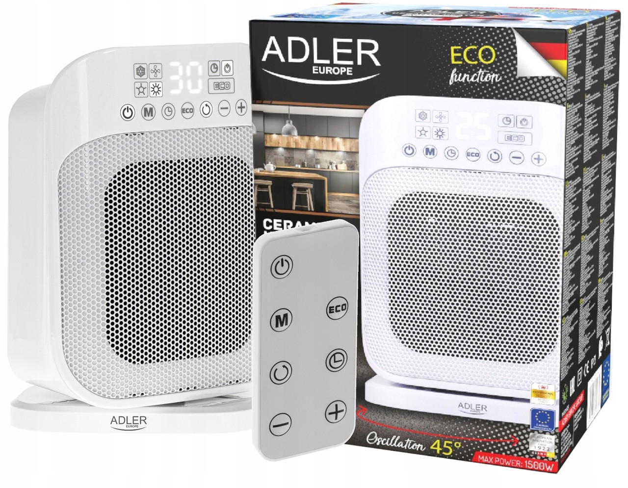 Керамический обогреватель Adler AD 7727 — 1500 Вт, LED-дисплей, термостат, таймер, пульт