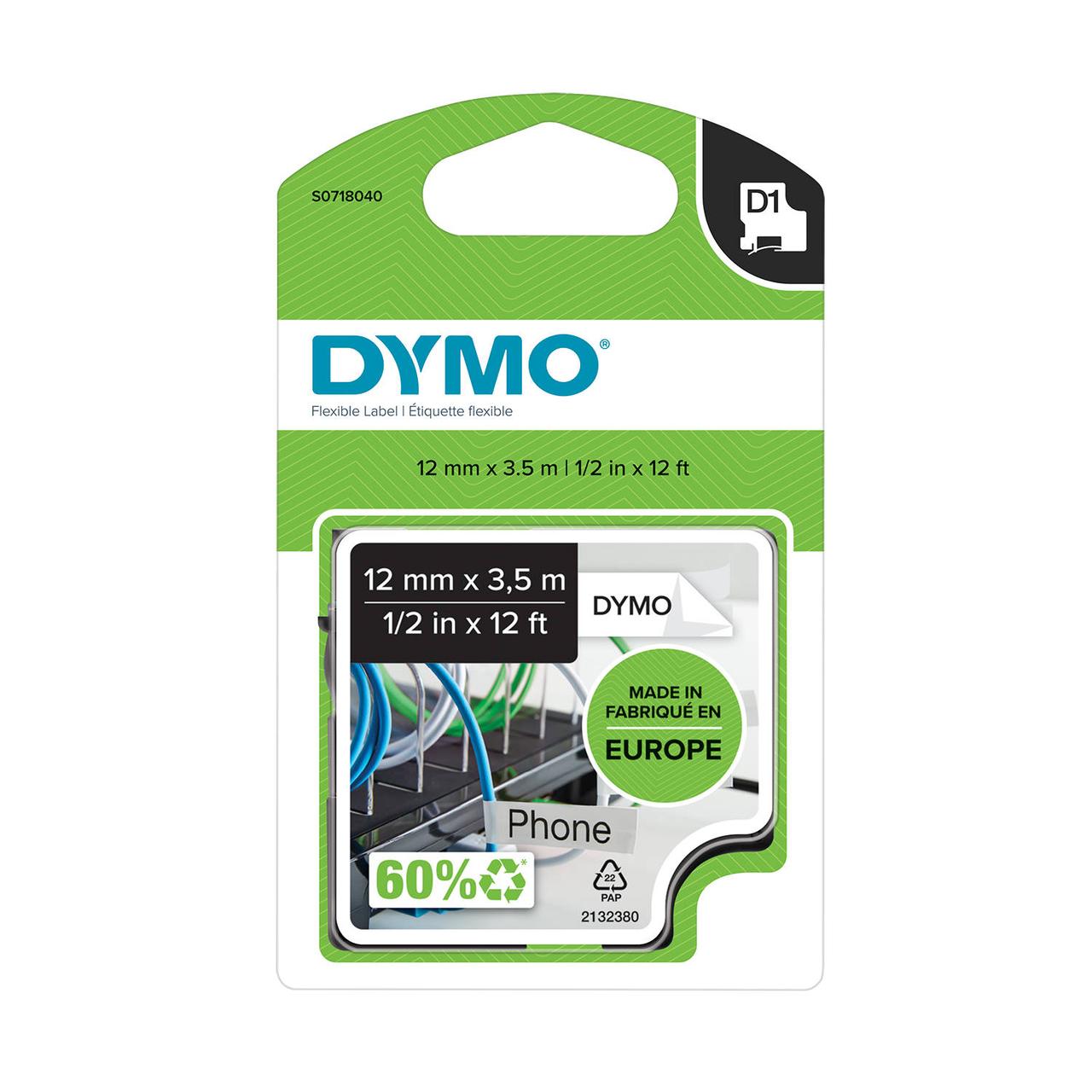 Dymo S0718040 16957 D1 нейлонова стрічка 12 мм x 3,5 м, чорний на білому