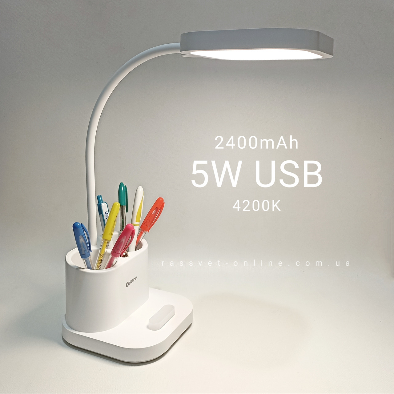 Акумуляторна настільна LED лампа Platinet PDL008 5W 4200K 600Lm з USB DC5V 2400mAh Li-ion біла нейтральна