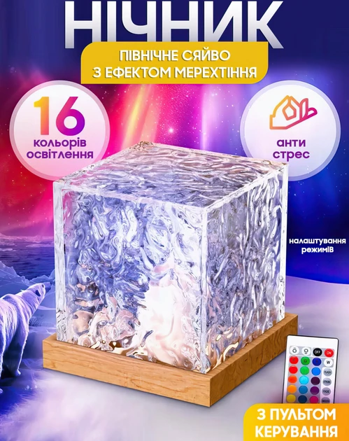 Світлодіодний 16 RGB нічник проектор КУБ із проекцією води USB Jw