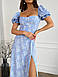 Жіноча силуетна літня сукня з квітковим принтом з розрізом на нозі міді блакитна, фото 2