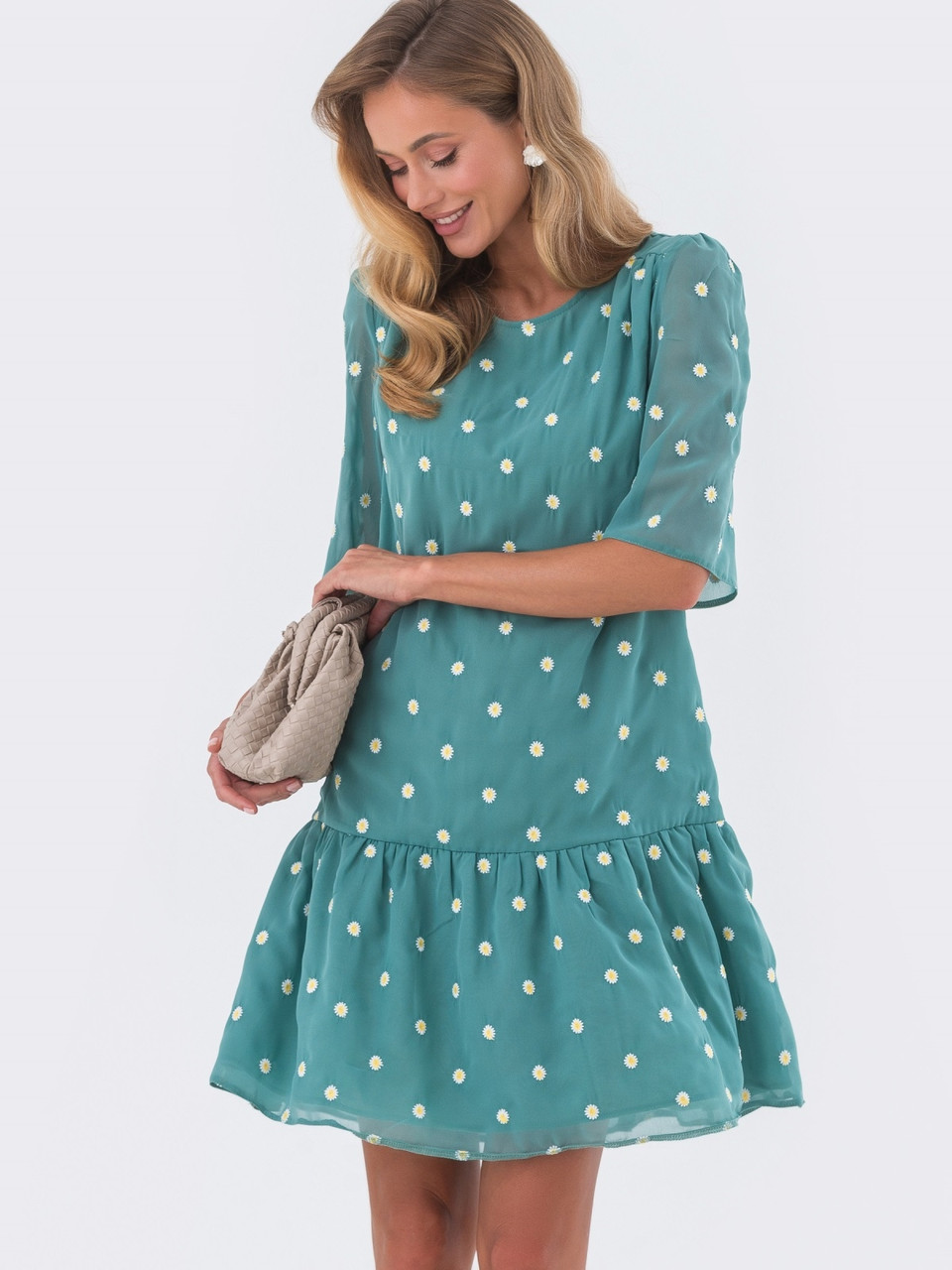 Літня сукня вільного крою з рюшами в горошок коротка бірюзова, фото 1