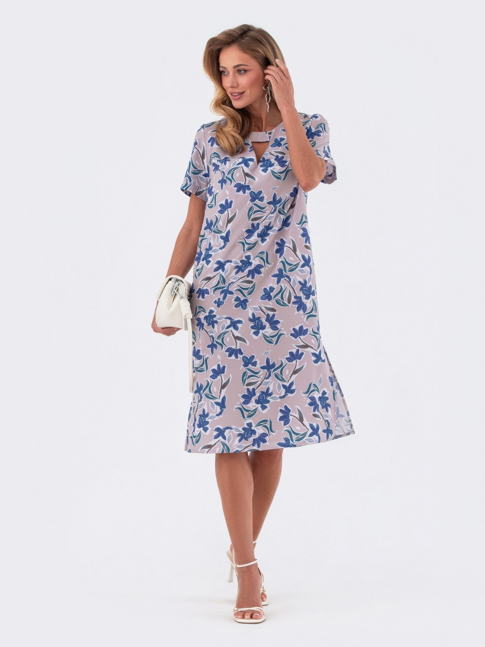 Стильна жіноча літня сукня з квітковим принтом довжини міді сіра, фото 1