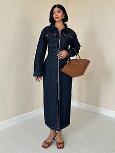 Джинсова сукня сорочка довга з довгим рукавом на блискавці темно синя