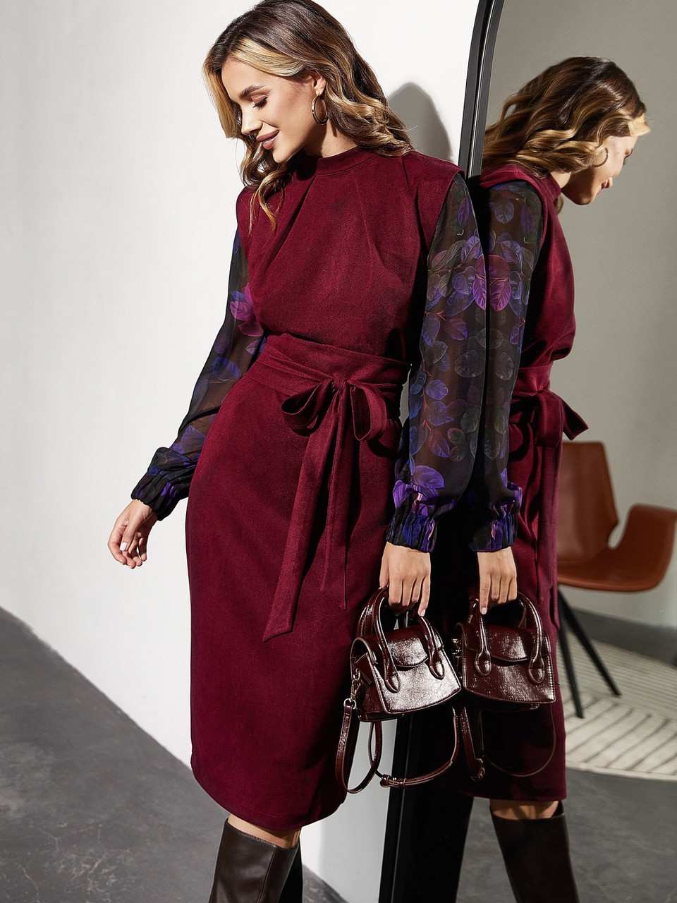 Сукня замшева міді рукава з шифону бордова, фото 1