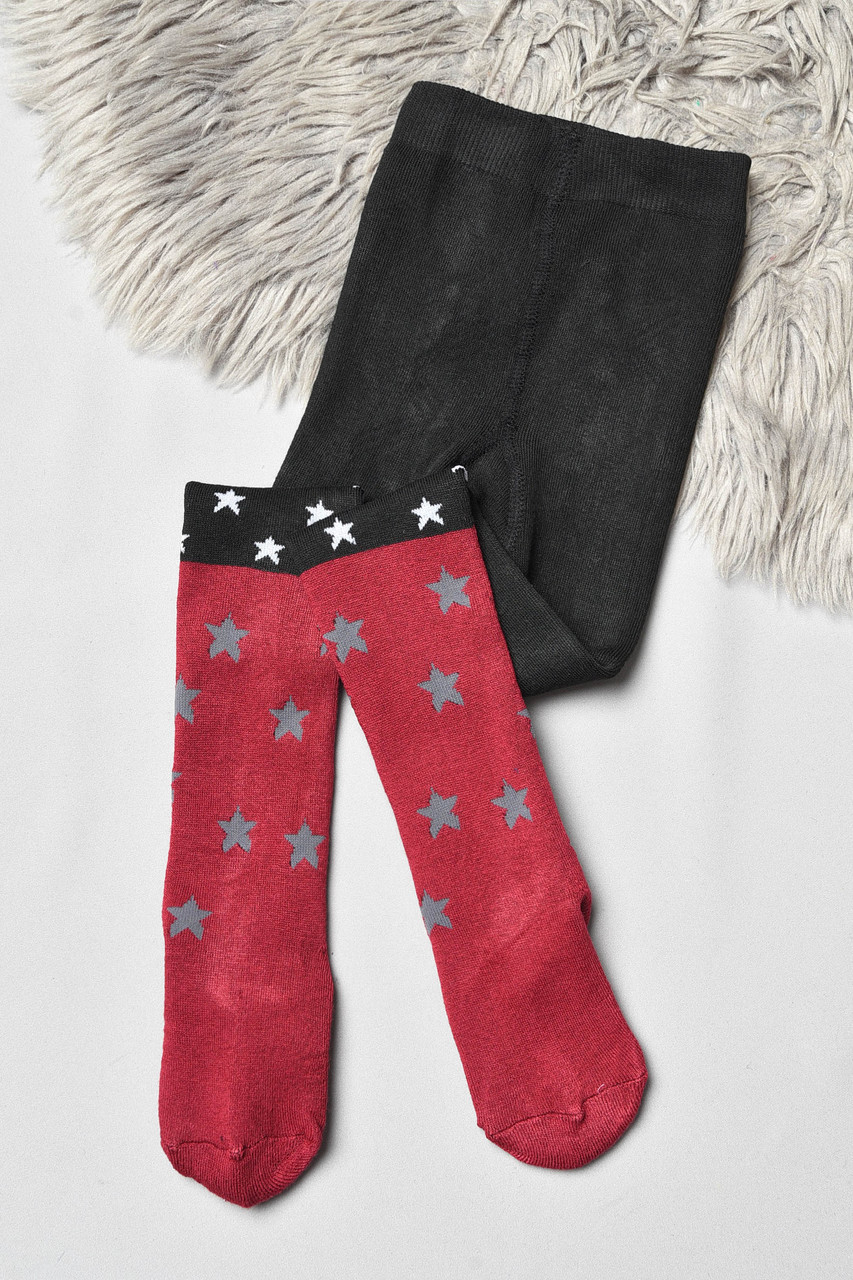 Колготи дитячі махрові для дівчинки чорно-бордового кольору з принтом р.128-140 191512M, фото 1