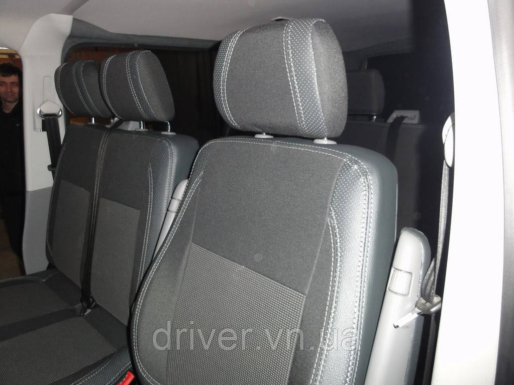 Авточехлы (экокожа и ткань, Premium) Полный салон для Volkswagen T5 Caravelle 2004-2010 гг