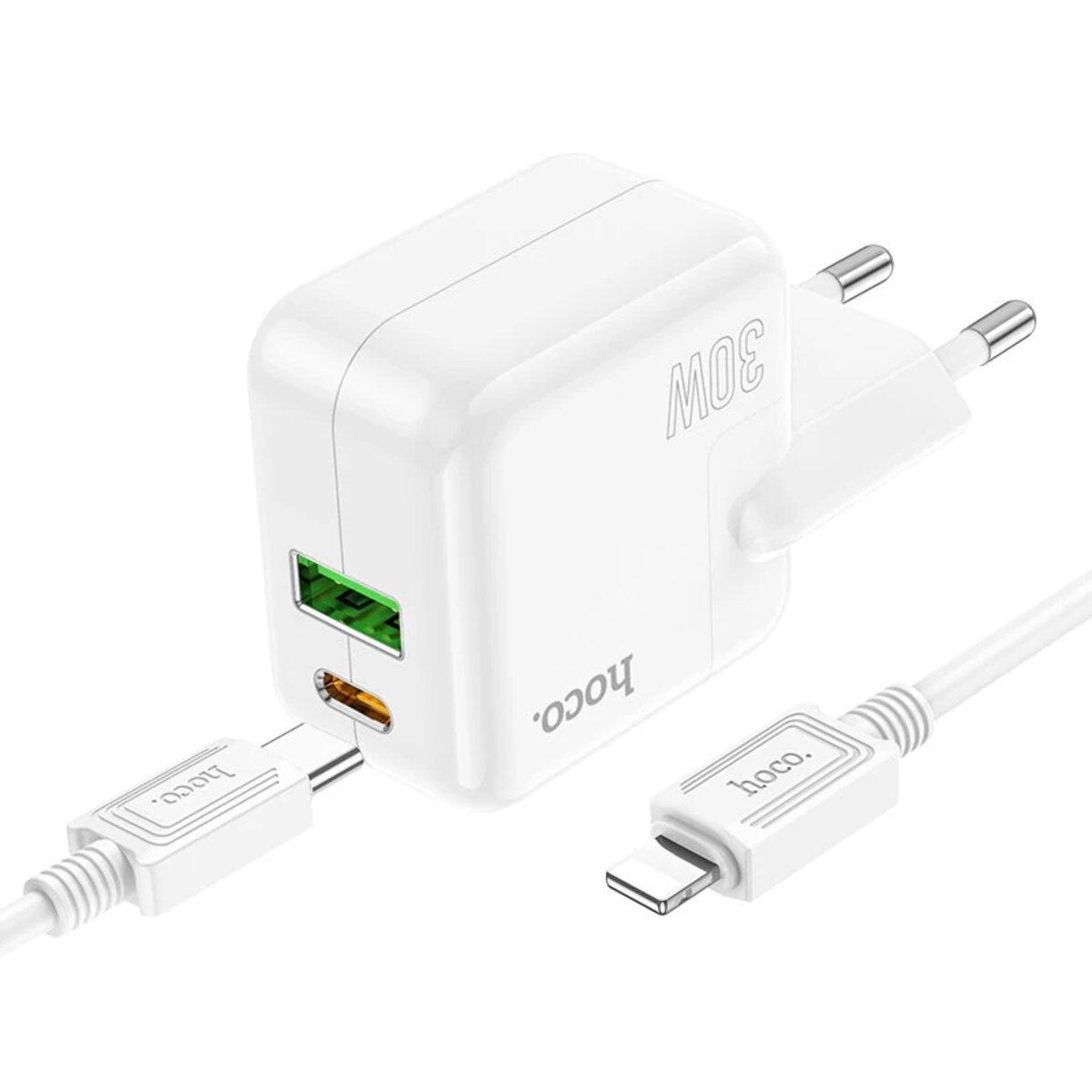 Мережевий зарядний пристрій HOCO C111A Lucky dual-port PD30W+QC3.0 charger set(C to iP) White, фото 1