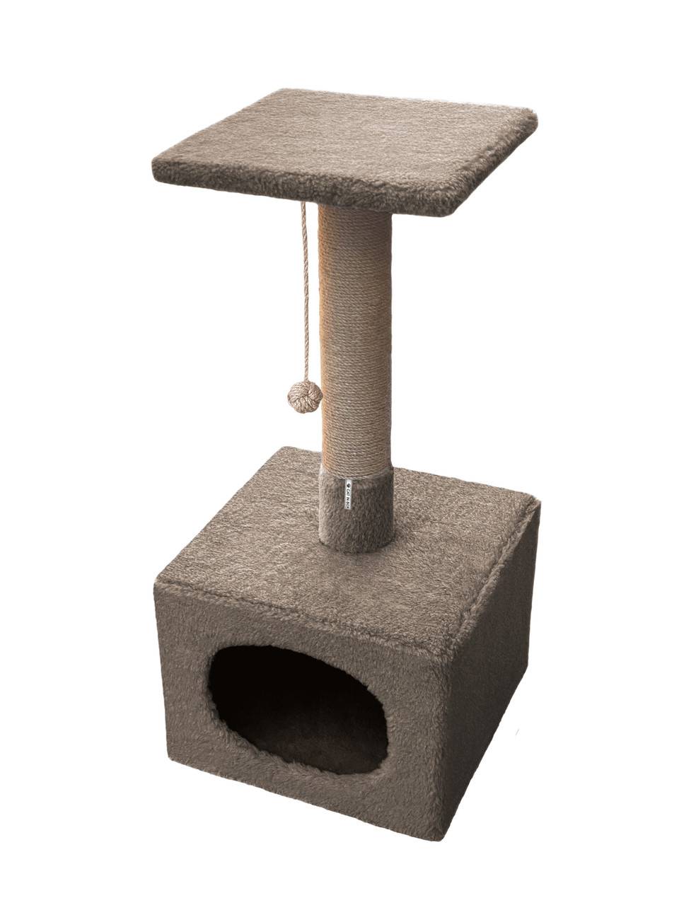 Кігтеточка дряпка з будиночком для кішок CAT IN BOX стовпчик D-10 см джутовий з помпоном 35х35х90 см - бежева