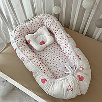 Кокон Міні "Серденько" з ортопедичним матрацем та подушкою Біло/рожевий Поплін(наповнювач-силіконізовані