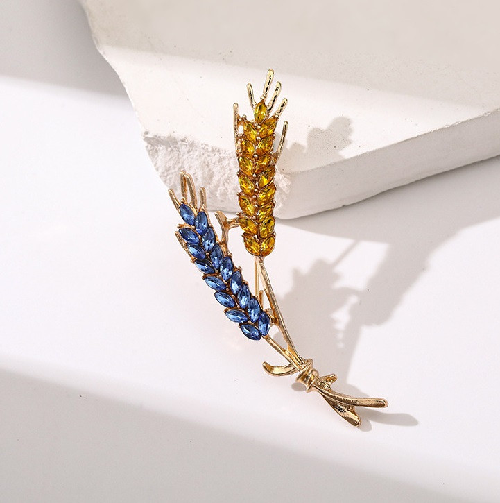 Ніжна брошка "Пшеничні колодки блакитного та жовтого", для костюма, брошка шпилька на комірі, фото 1