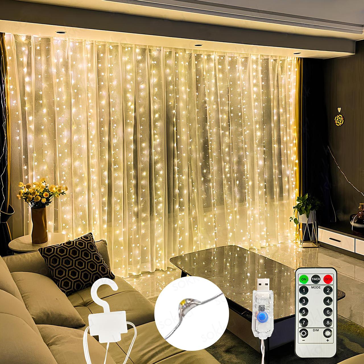 Гірлянда штора водоспад з пультом та гачками Copper Light 300 Led 3х3м Warm White
