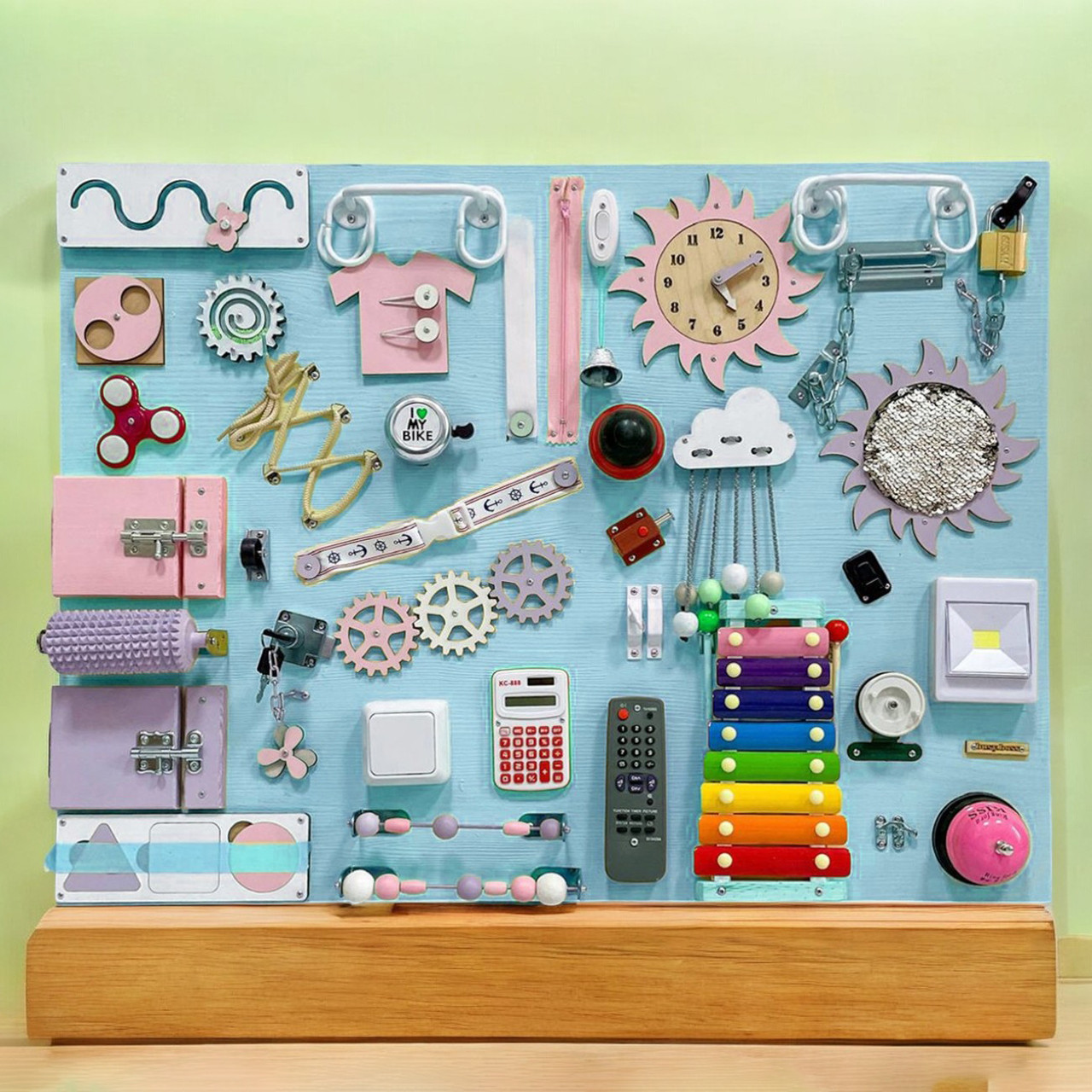 Бізіборд для дітей 80х60см, 45 елементів, Блакитний (Розвиваюча дошка з натурального дерева), фото 1