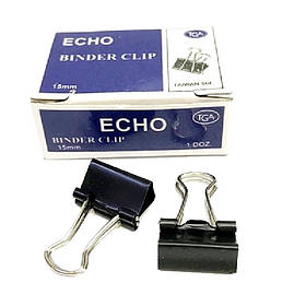 Біндер затискач для паперу 15мм 12шт чорний металевий офісний канцелярський "Echo" KNZ