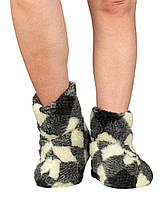 Жіночі домашні капці-чобітки чуні з овечої вовни утеплені із закритим носком Клітинка 38-39