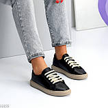 Чорні прошиті шкіряні кеди натуральна шкіра флотар на бежевій підошві, фото 6