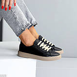 Чорні прошиті шкіряні кеди натуральна шкіра флотар на бежевій підошві, фото 7