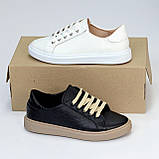 Чорні прошиті шкіряні кеди натуральна шкіра флотар на бежевій підошві, фото 8