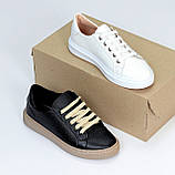 Чорні прошиті шкіряні кеди натуральна шкіра флотар на бежевій підошві, фото 10