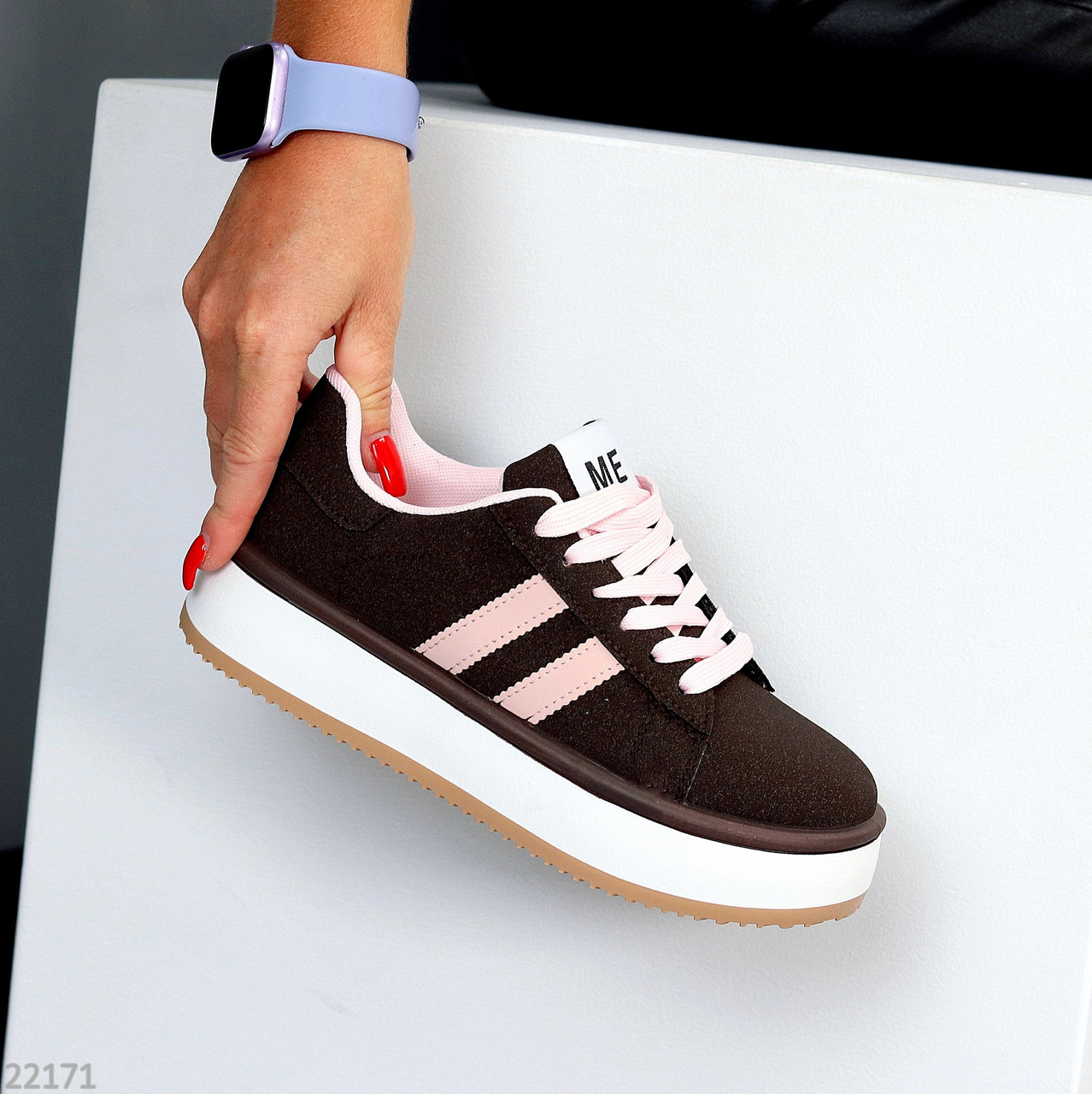 Щоденні міксові кеди колір шоколад з рожевими вставками, фото 1