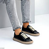 Чорні прошиті шкіряні кеди натуральна шкіра на бежевій підошві, фото 3