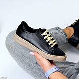 Чорні прошиті шкіряні кеди натуральна шкіра на бежевій підошві, фото 4