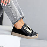 Чорні прошиті шкіряні кеди натуральна шкіра на бежевій підошві, фото 6