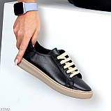 Чорні прошиті шкіряні кеди натуральна шкіра на бежевій підошві, фото 7
