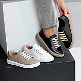 Чорні прошиті шкіряні кеди натуральна шкіра на бежевій підошві, фото 9