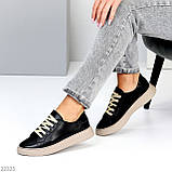 Чорні шкіряні прошиті кеди натуральна шкіра на бежевій підошві, фото 6