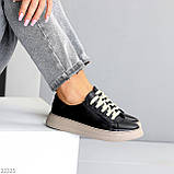 Чорні шкіряні прошиті кеди натуральна шкіра на бежевій підошві, фото 7